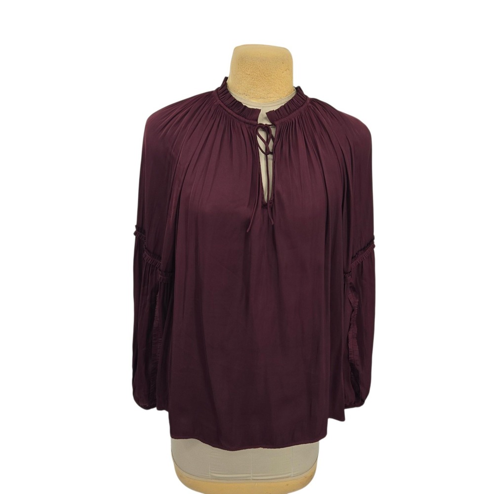 Lane Bryant Blouse Women 18/20 Burgundy Ruffle Tie Neck Long Sleeve Boho Peasant